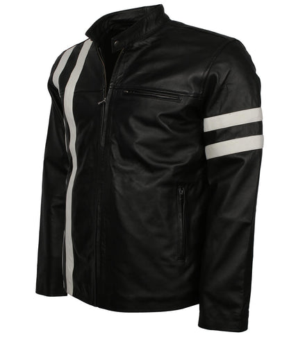 Urban Streetwear Style White Striped Black Leather Jacket