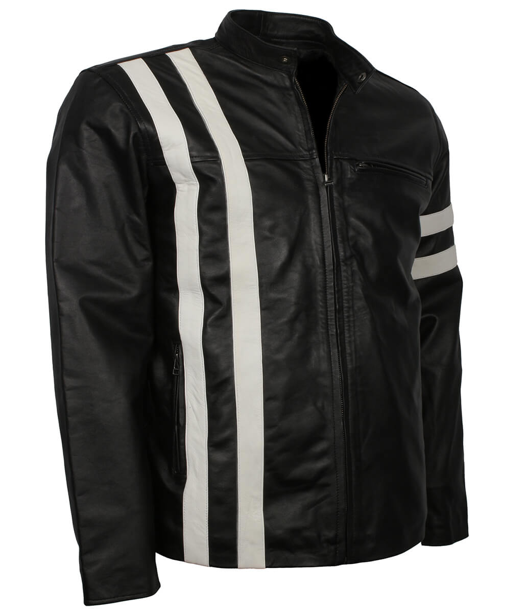 Urban Streetwear Style White Striped Black Leather Jacket
