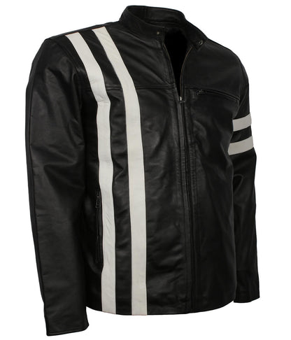 Urban Streetwear Style White Striped Black Leather Jacket