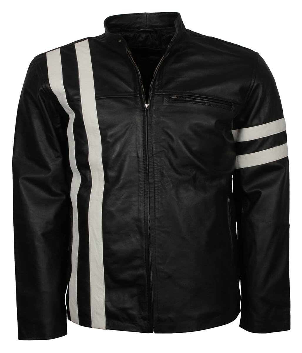 Urban Streetwear Style White Striped Black Leather Jacket