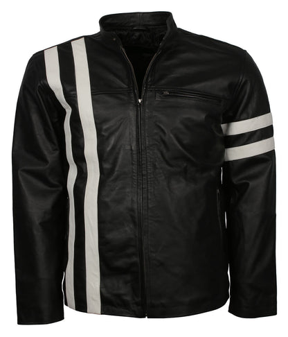 Urban Streetwear Style White Striped Black Leather Jacket