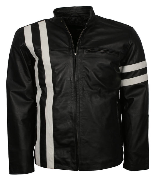 Urban Streetwear Style White Striped Black Leather Jacket