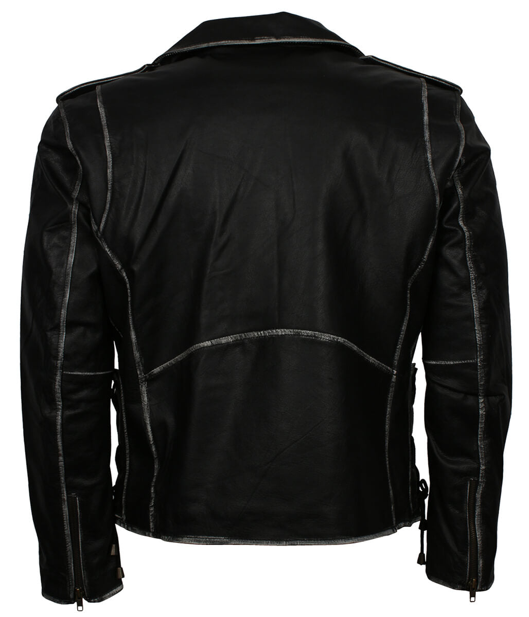 Vintage Distressed Edge Belted Black Leather Jacket