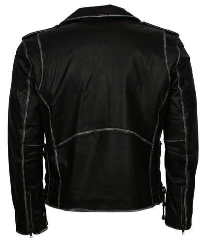 Vintage Distressed Edge Belted Black Leather Jacket
