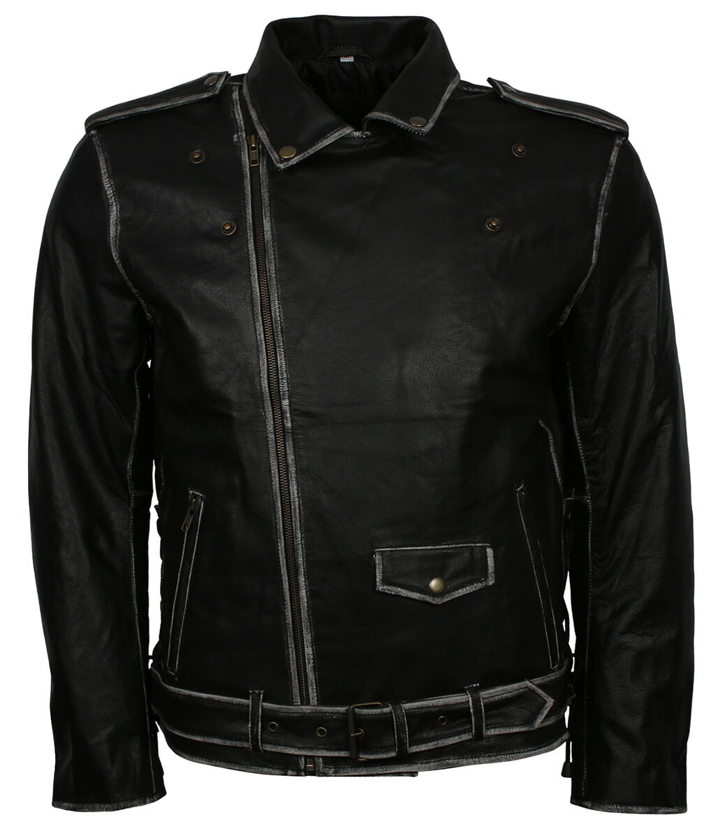 Vintage Distressed Edge Belted Black Leather Jacket