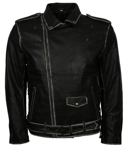 Vintage Distressed Edge Belted Black Leather Jacket