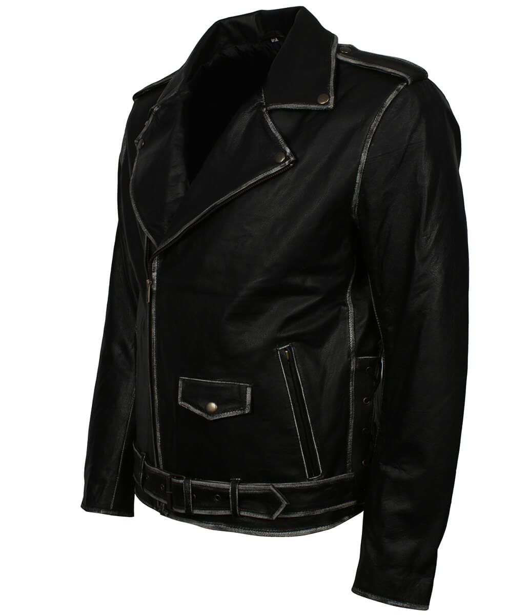 Vintage Distressed Edge Belted Black Leather Jacket