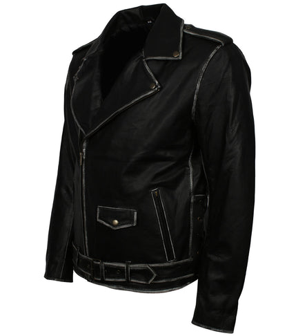 Vintage Distressed Edge Belted Black Leather Jacket