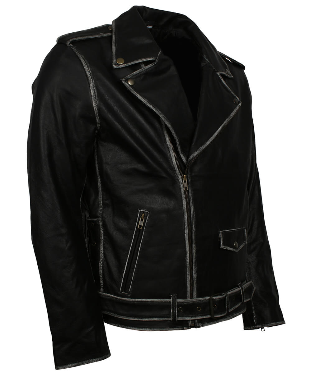 Vintage Distressed Edge Belted Black Leather Jacket