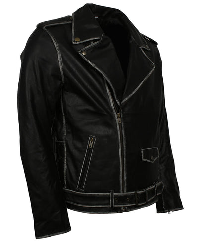 Vintage Distressed Edge Belted Black Leather Jacket
