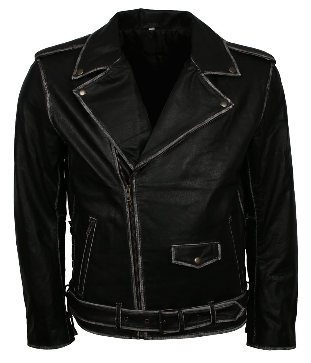 Vintage Distressed Edge Belted Black Leather Jacket