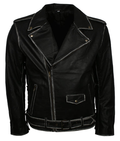 Vintage Distressed Edge Belted Black Leather Jacket