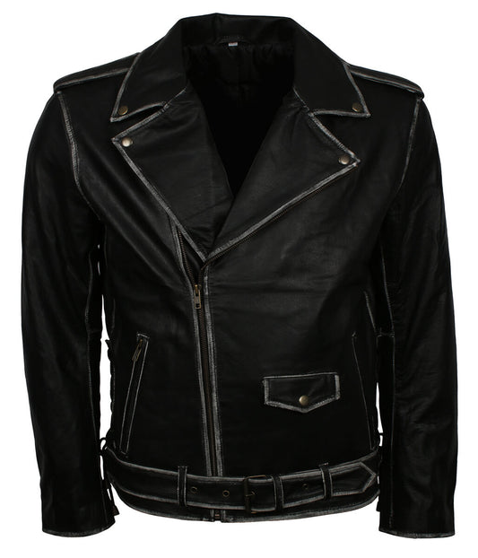 Vintage Distressed Edge Belted Black Leather Jacket