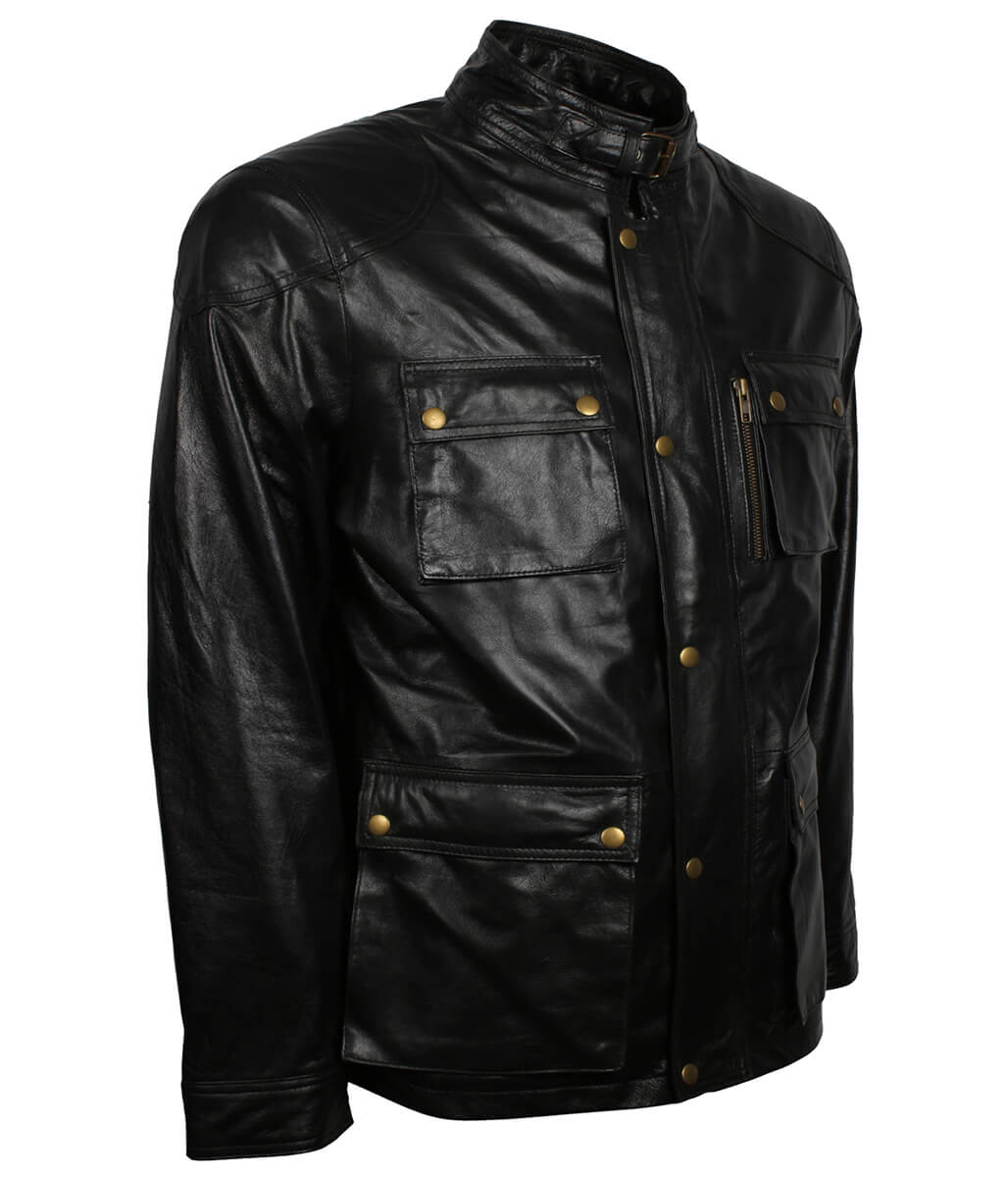 Vintage Men Classic Multi Pocket Field Black Leather Jacket