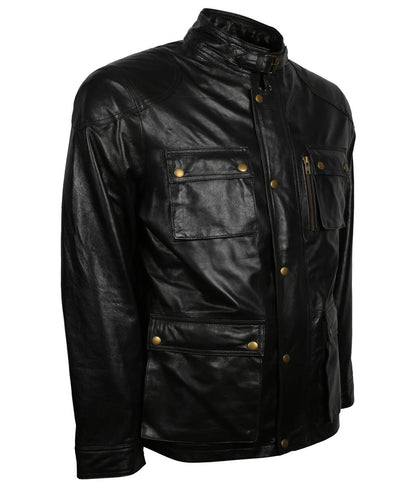Vintage Men Classic Multi Pocket Field Black Leather Jacket
