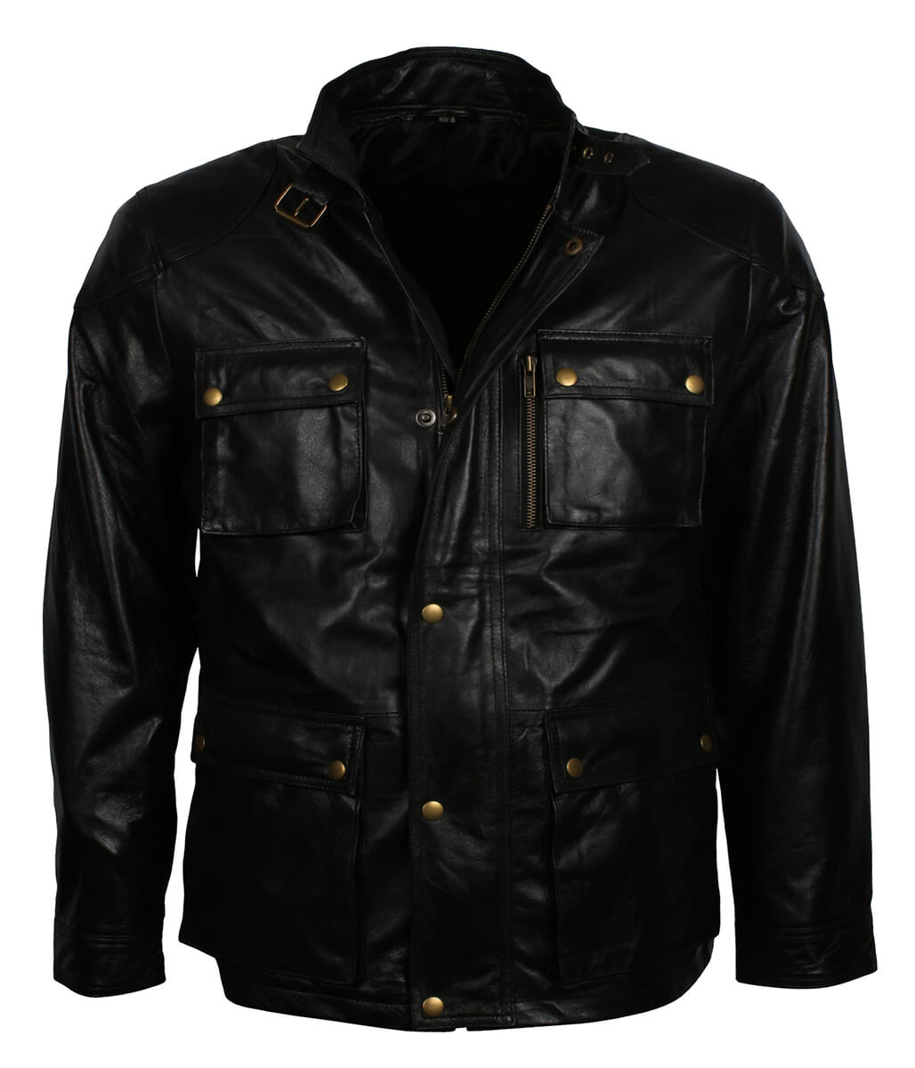 Vintage Men Classic Multi Pocket Field Black Leather Jacket