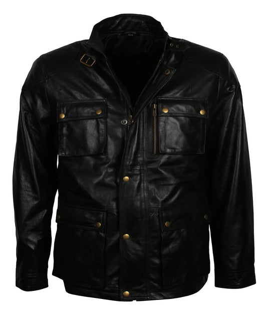 Vintage Men Classic Multi Pocket Field Black Leather Jacket
