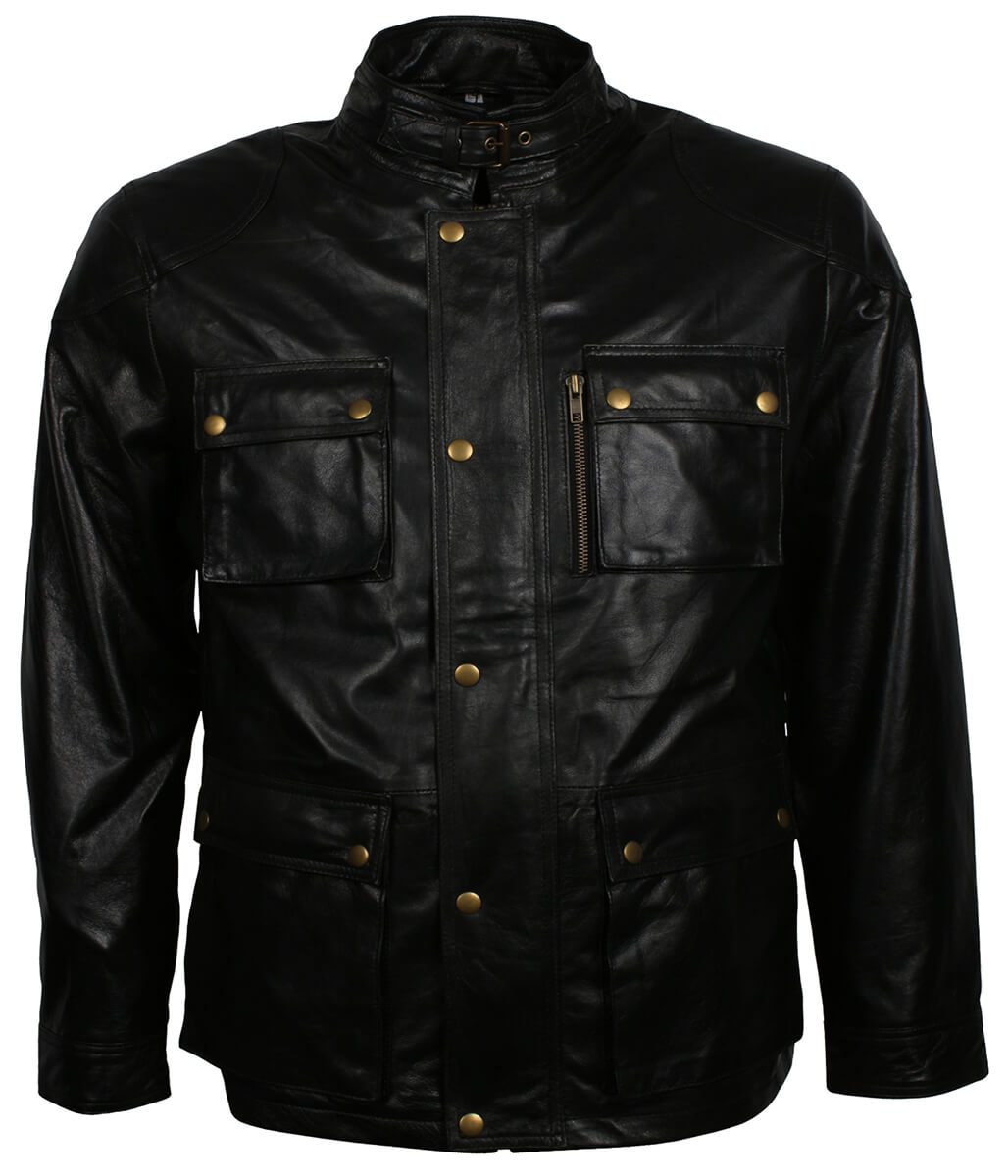 Vintage Men Classic Multi Pocket Field Black Leather Jacket