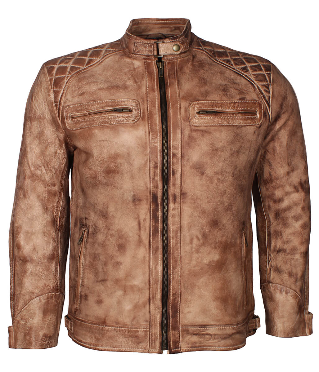 Vintage Men Diamond Quilted Tan Leather Jacket