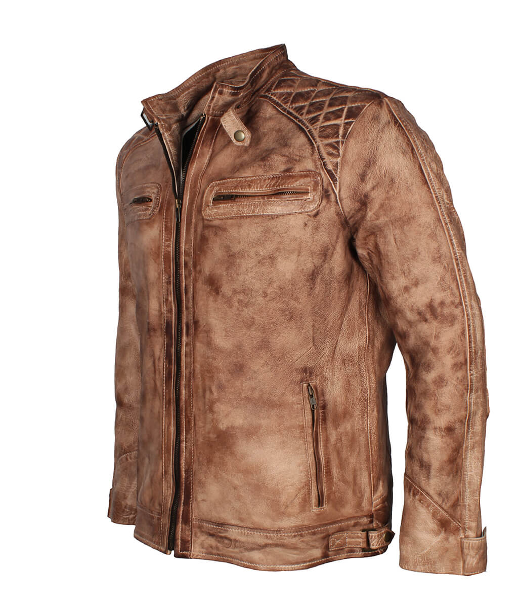 Vintage Men Diamond Quilted Tan Leather Jacket