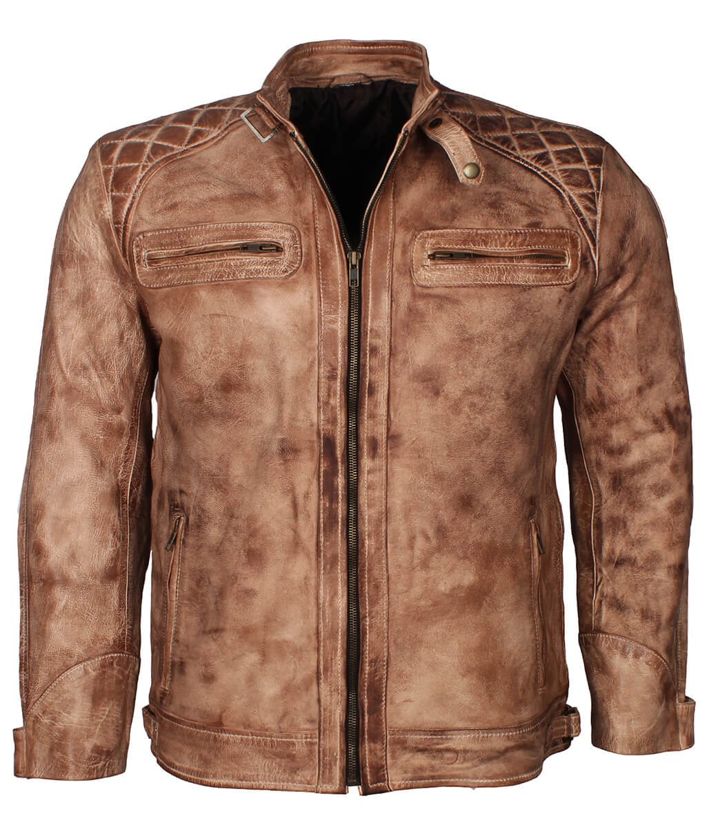 Vintage Men Diamond Quilted Tan Leather Jacket