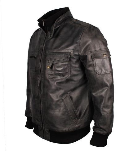 Vintage Men Grey Bomber Leather Jacket