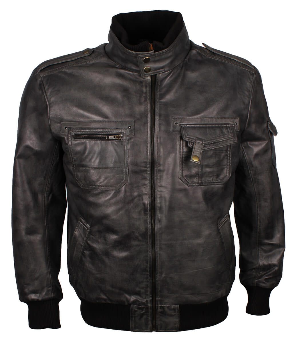 Vintage Men Grey Bomber Leather Jacket