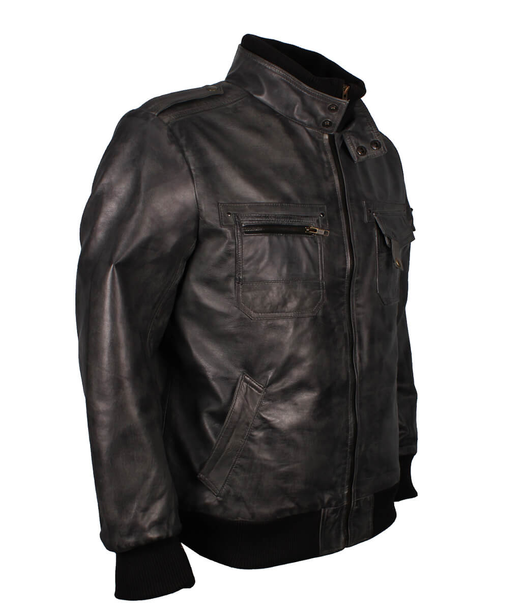 Vintage Men Grey Bomber Leather Jacket