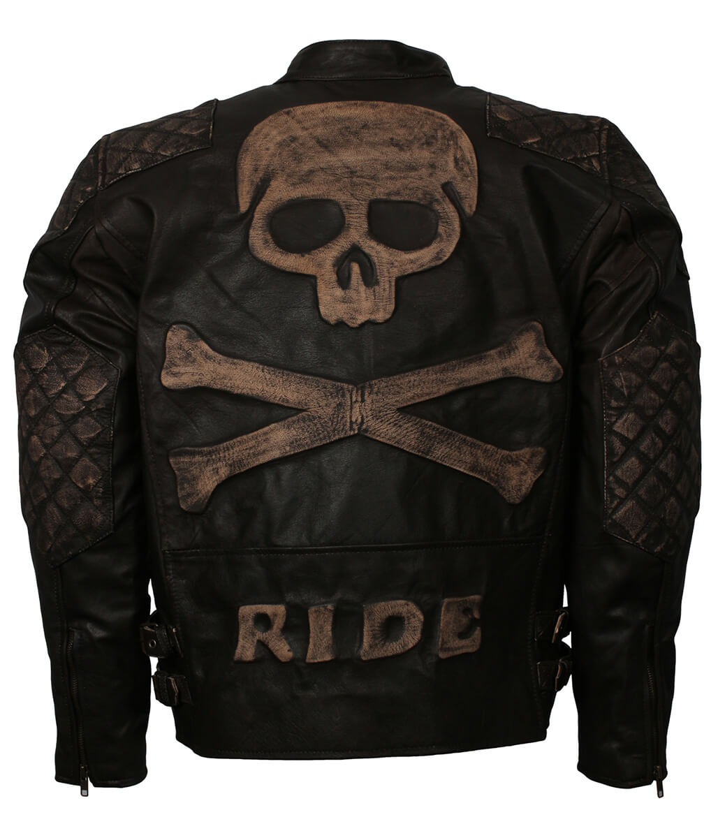 Vintage Men Skull Emblemed Distressed Brown Leather Jacket