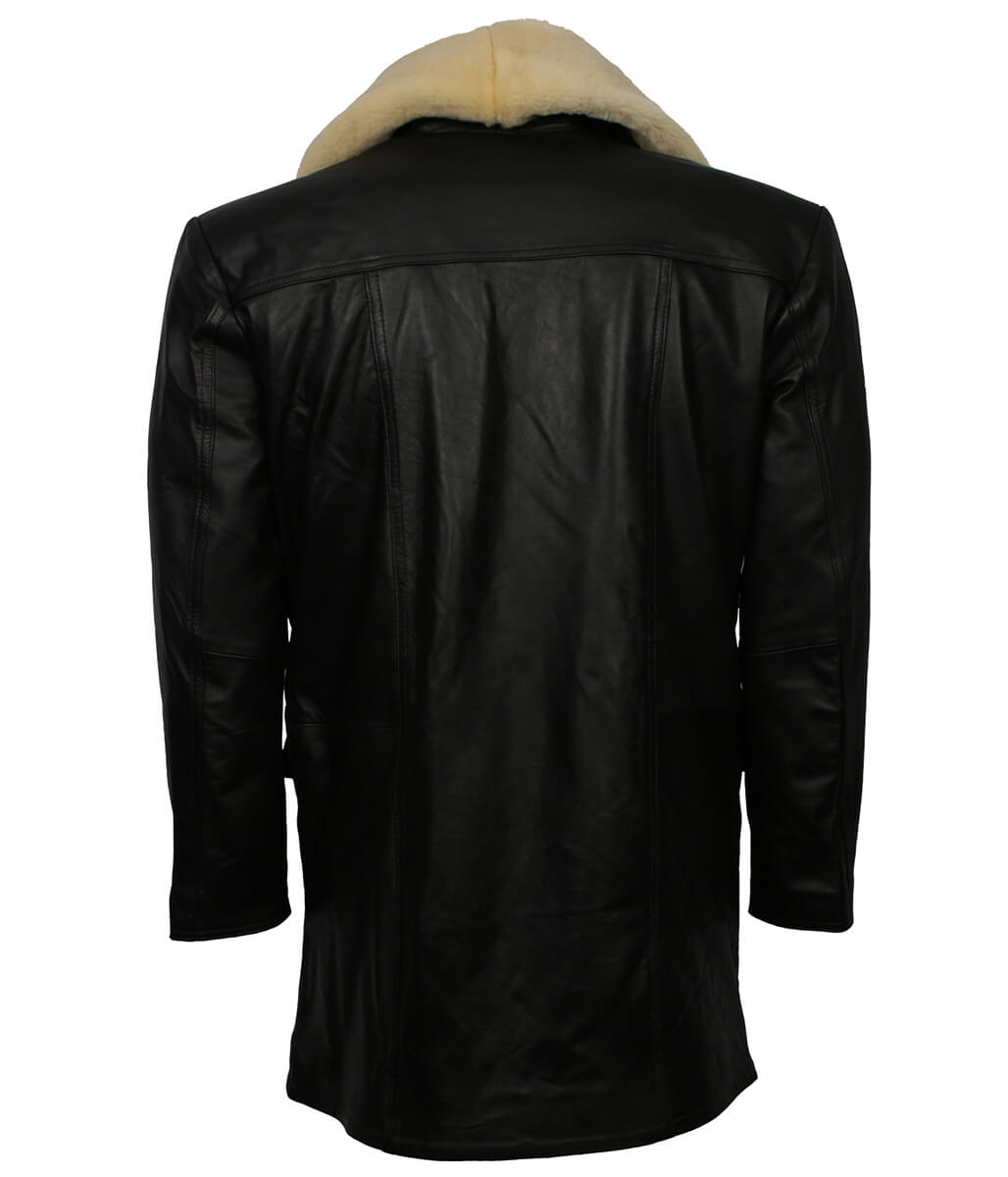Vintage Shearling Style Collar Black Leather Trench Coat