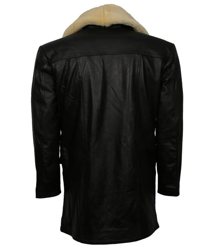 Vintage Shearling Style Collar Black Leather Trench Coat