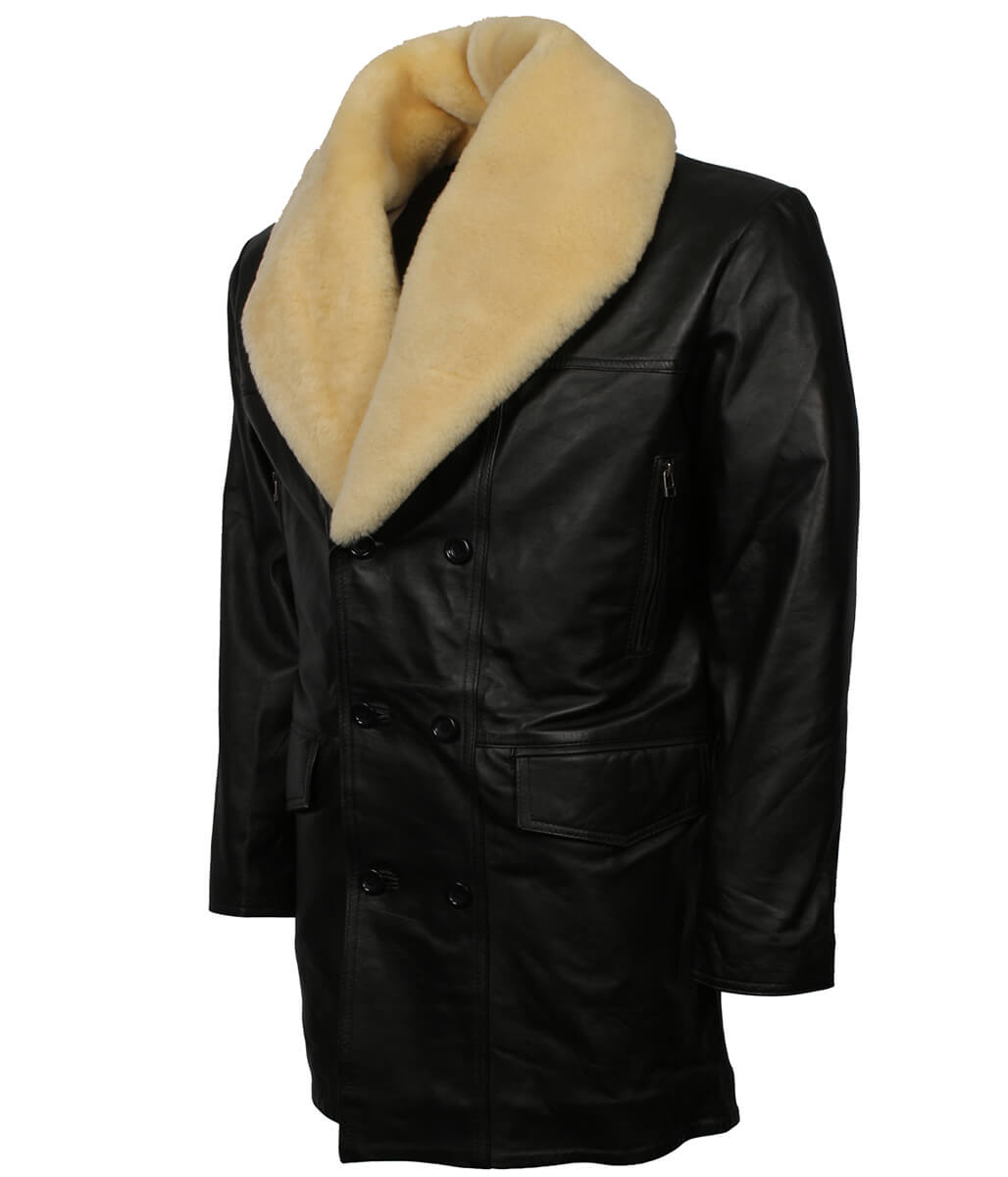 Vintage Shearling Style Collar Black Leather Trench Coat