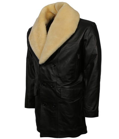 Vintage Shearling Style Collar Black Leather Trench Coat