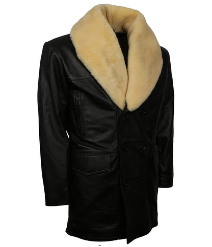 Vintage Shearling Style Collar Black Leather Trench Coat