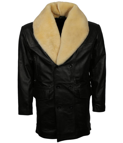 Vintage Shearling Style Collar Black Leather Trench Coat