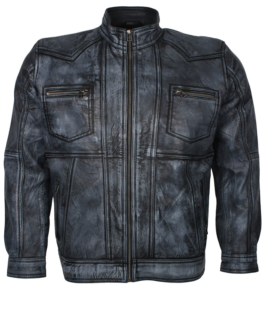 Yoke Panel Men Distressed Grey Leather Jacket