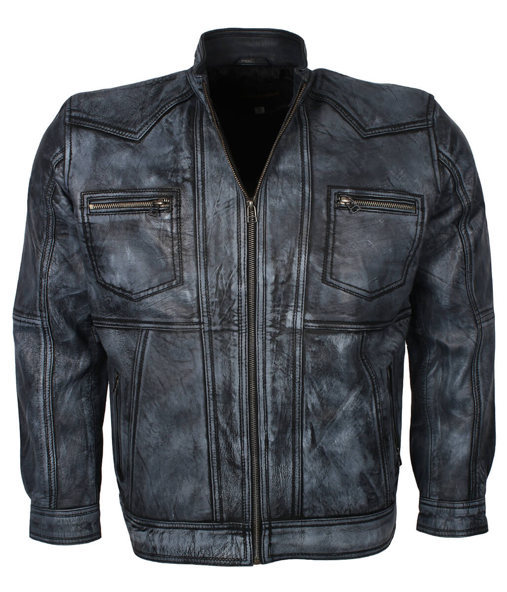 Yoke Panel Men Distressed Grey Leather Jacket