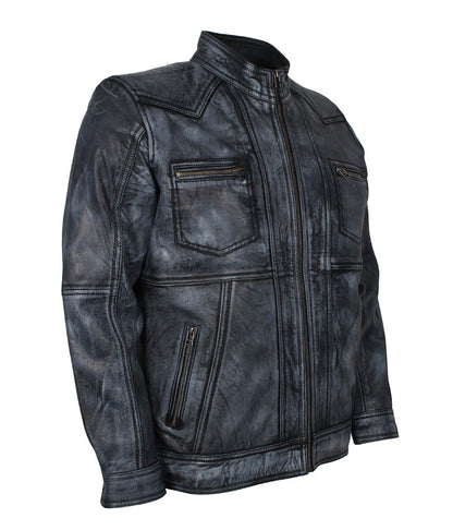 Yoke Panel Men Distressed Grey Leather Jacket