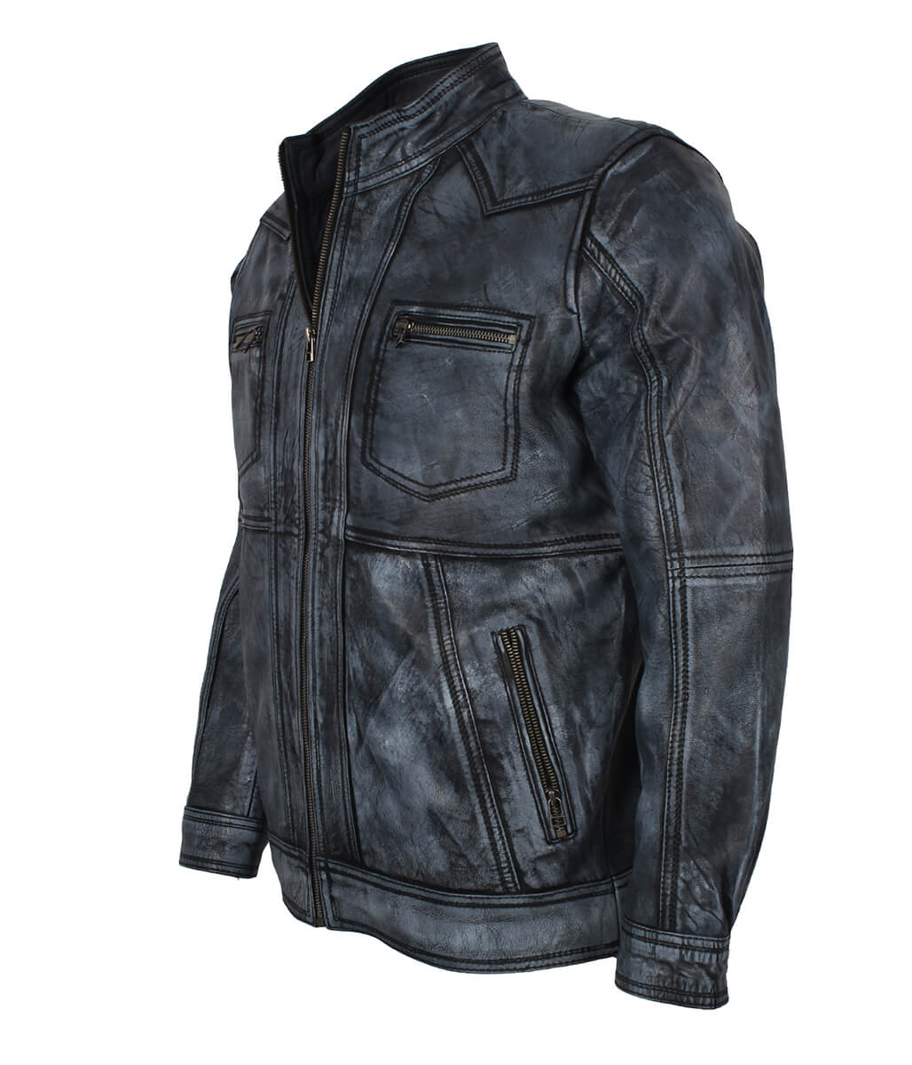 Yoke Panel Men Distressed Grey Leather Jacket