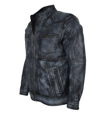 Yoke Panel Men Distressed Grey Leather Jacket