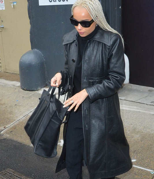 Zoe Kravitz Black Leather Long Coat