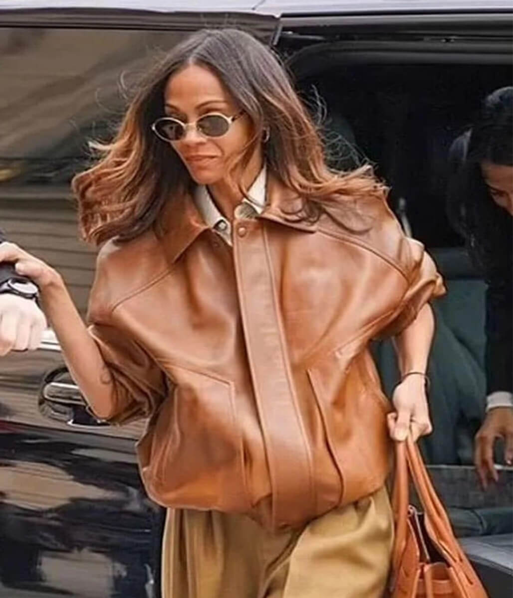 Zoe Saldana Women’s 2025 Brown Leather Jacket