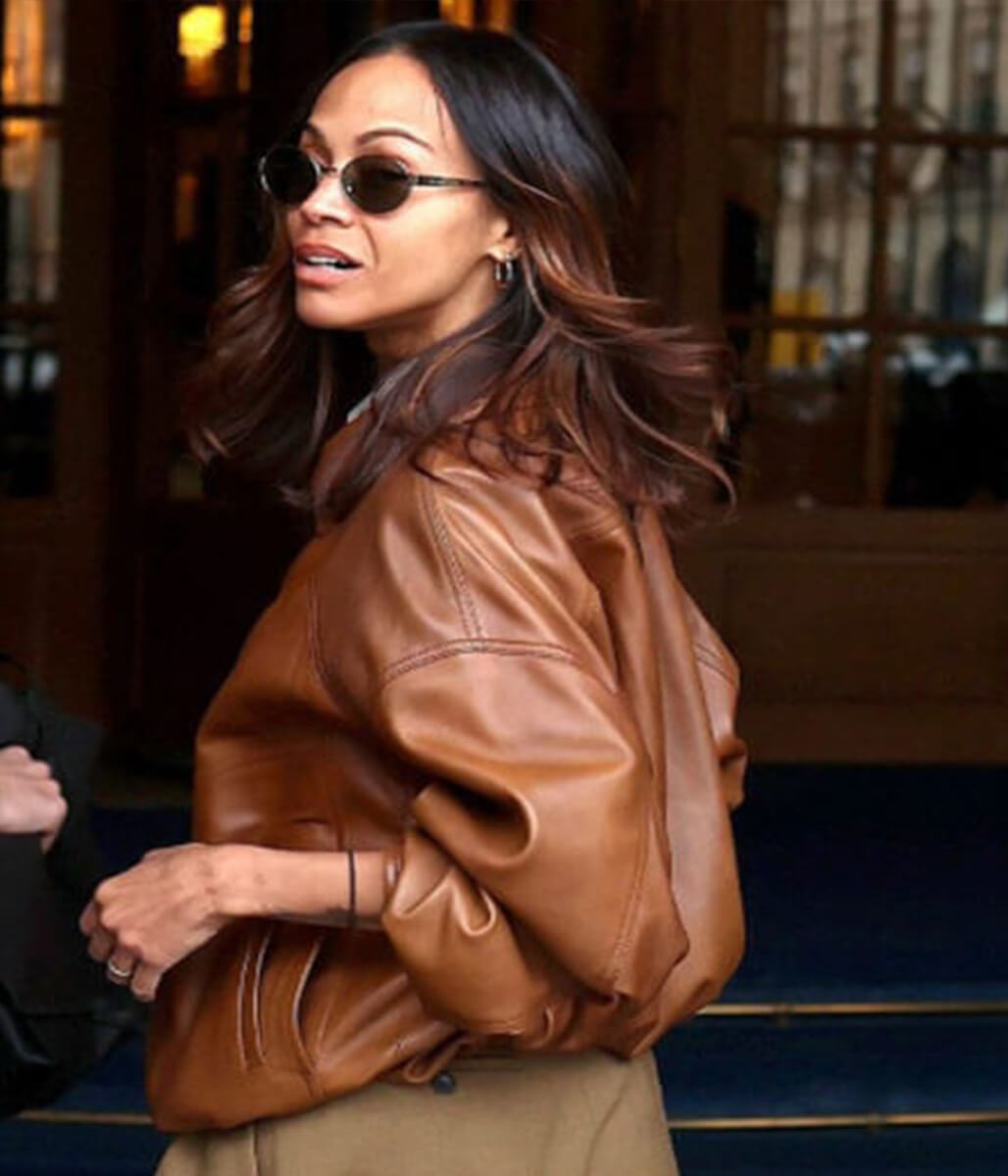 Zoe Saldana Women’s 2025 Brown Leather Jacket
