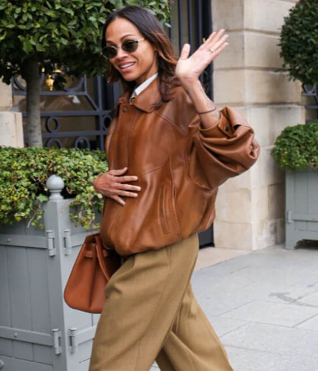 Zoe Saldana Women’s 2025 Brown Leather Jacket